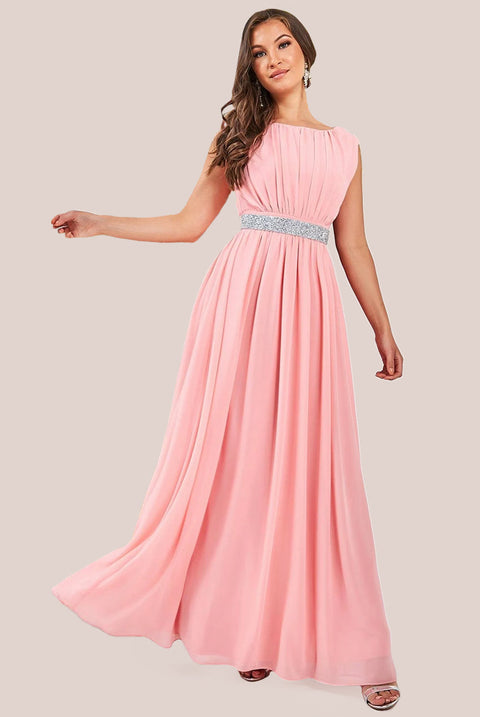 Goddiva Chiffon Maxi With Embellished Belt - Peach