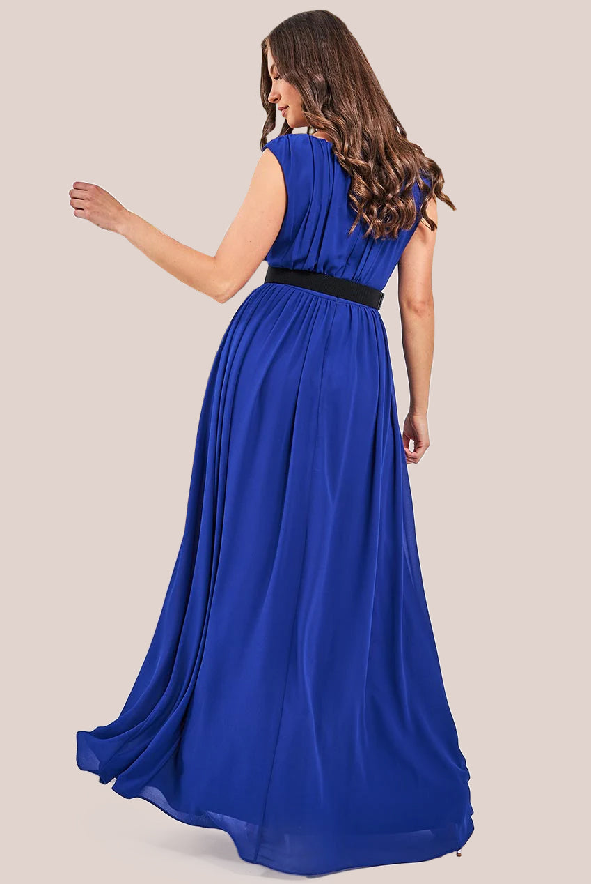 Goddiva Chiffon Maxi With Embellished Belt - Royal Blue