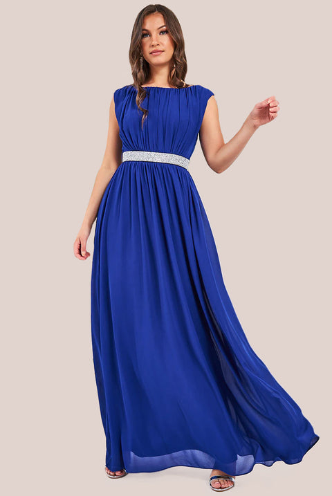 Goddiva Chiffon Maxi With Embellished Belt - Royal Blue