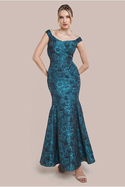 Emerald - Goddiva Bardot Jacquard Maxi Dress - Emerald