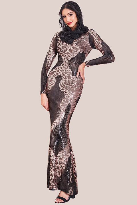 Goddiva Modesty Contrast Sequin Maxi Dress - Champagne