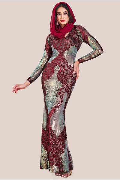 Wine - Goddiva Modesty Contrast Sequin Maxi Dress - Wine