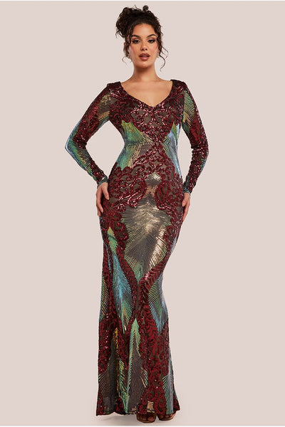 Wine - Goddiva Contrast Sequin Long Sleeve Maxi Dress - Wine