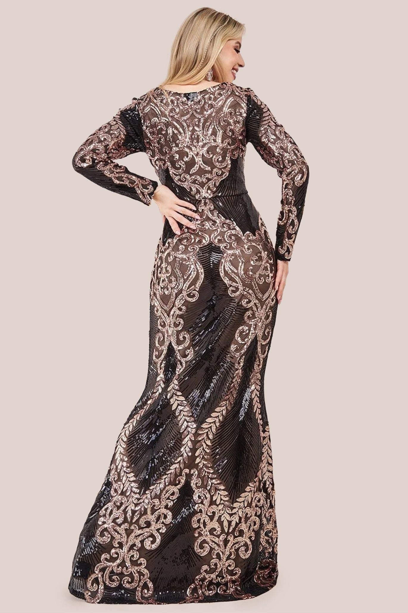 Goddiva Contrast Sequin Long Sleeve Maxi Dress - Champagne