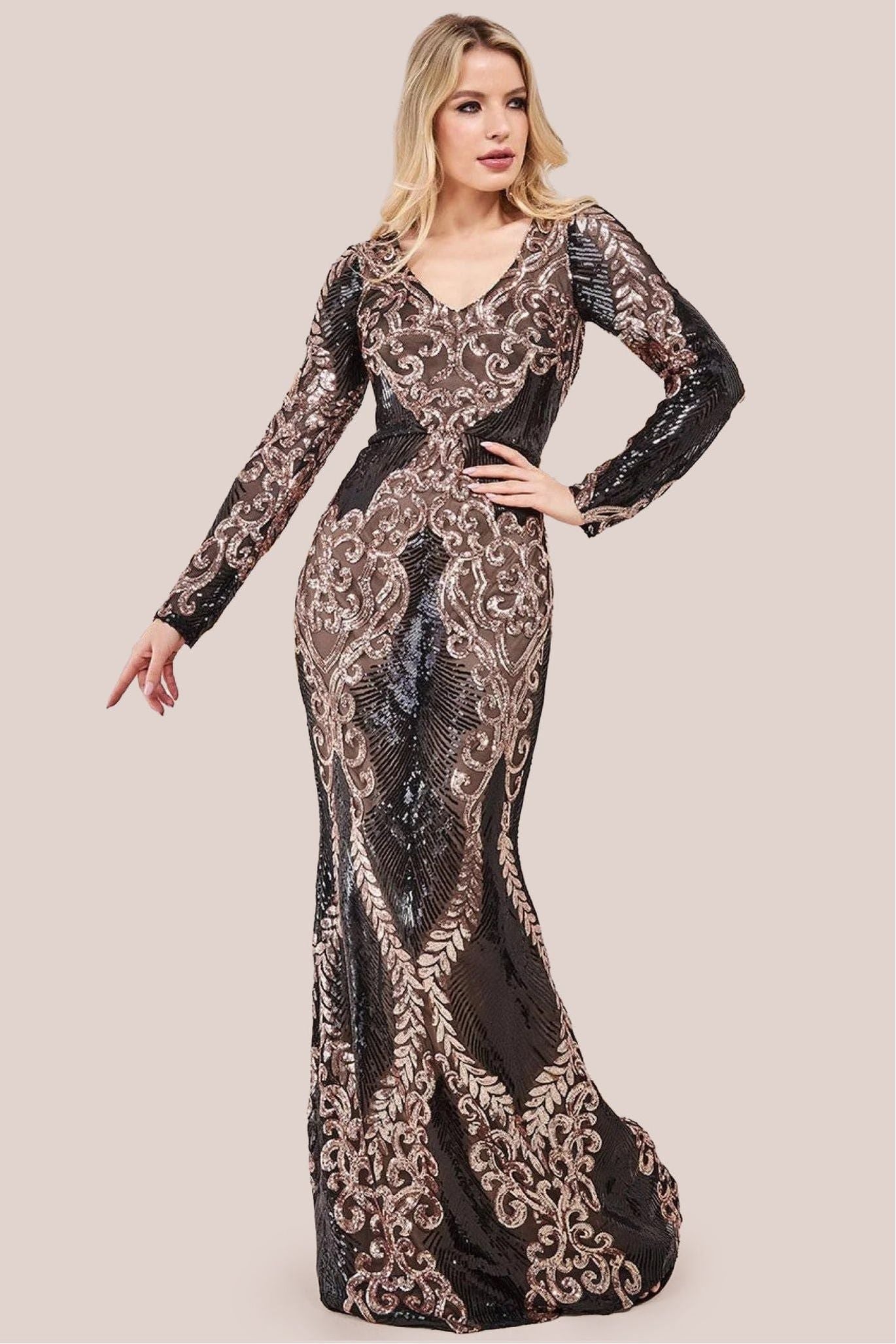 Goddiva Contrast Sequin Long Sleeve Maxi Dress - Champagne