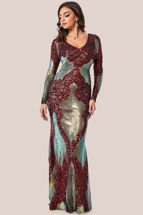 Goddiva Contrast Sequin Long Sleeve Maxi Dress - Wine