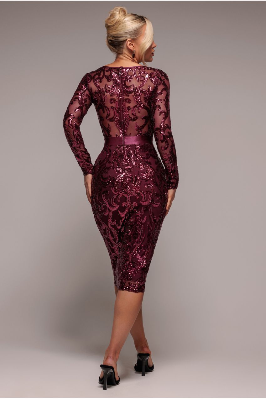 Goddiva Sequin & Mesh Midi Dress - Burgundy