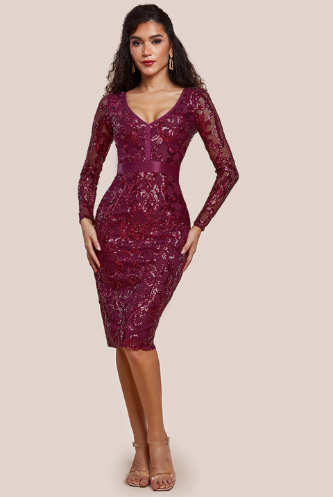 Goddiva Sequin & Mesh Midi Dress - Burgundy