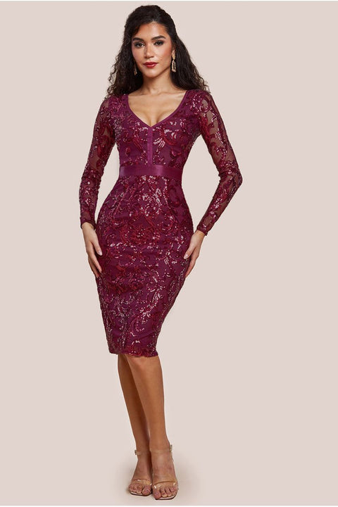 Goddiva Sequin & Mesh Midi Dress - Burgundy