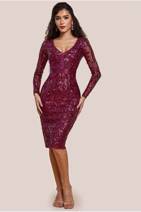 Goddiva Sequin & Mesh Midi Dress - Burgundy
