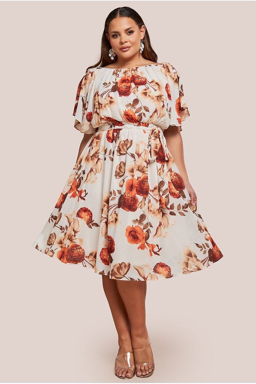 Goddiva Plus Wrap Back Flutter Sleeve Midi Dress - Beige