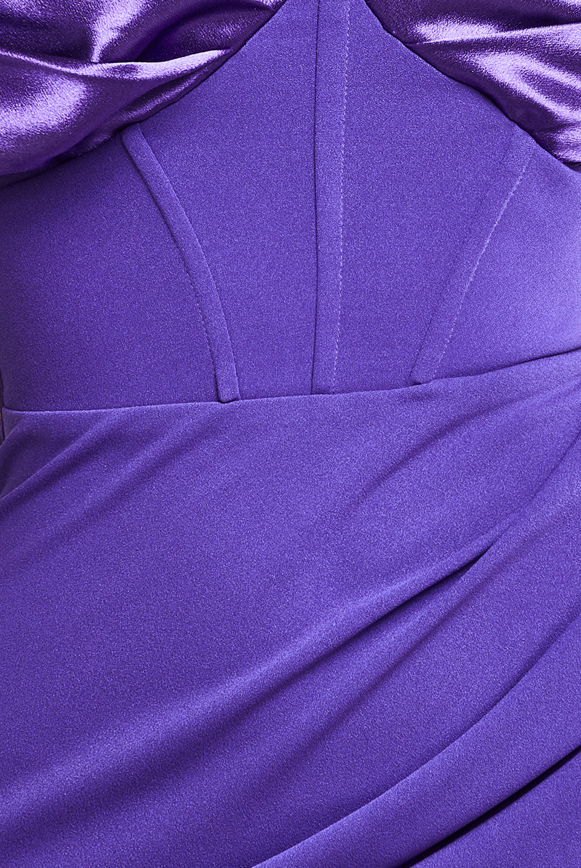 Goddiva Satin & Scuba Off The Shoulder Midi Dress - Purple