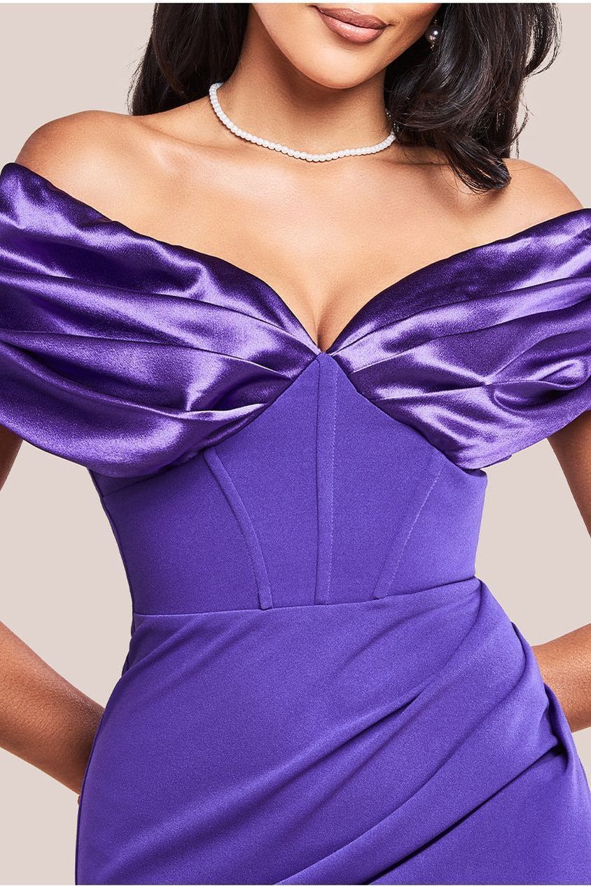 Goddiva Satin & Scuba Off The Shoulder Midi Dress - Purple