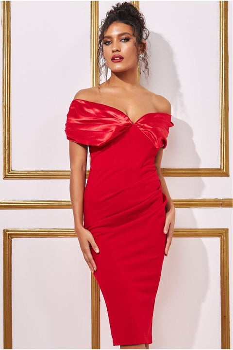 Goddiva Satin & Scuba Off The Shoulder Midi Dress - Red