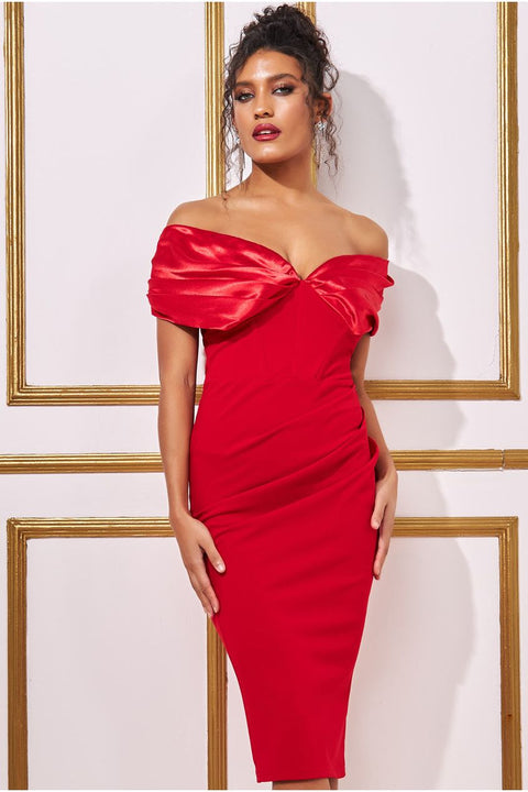 Goddiva Satin & Scuba Off The Shoulder Midi Dress - Red