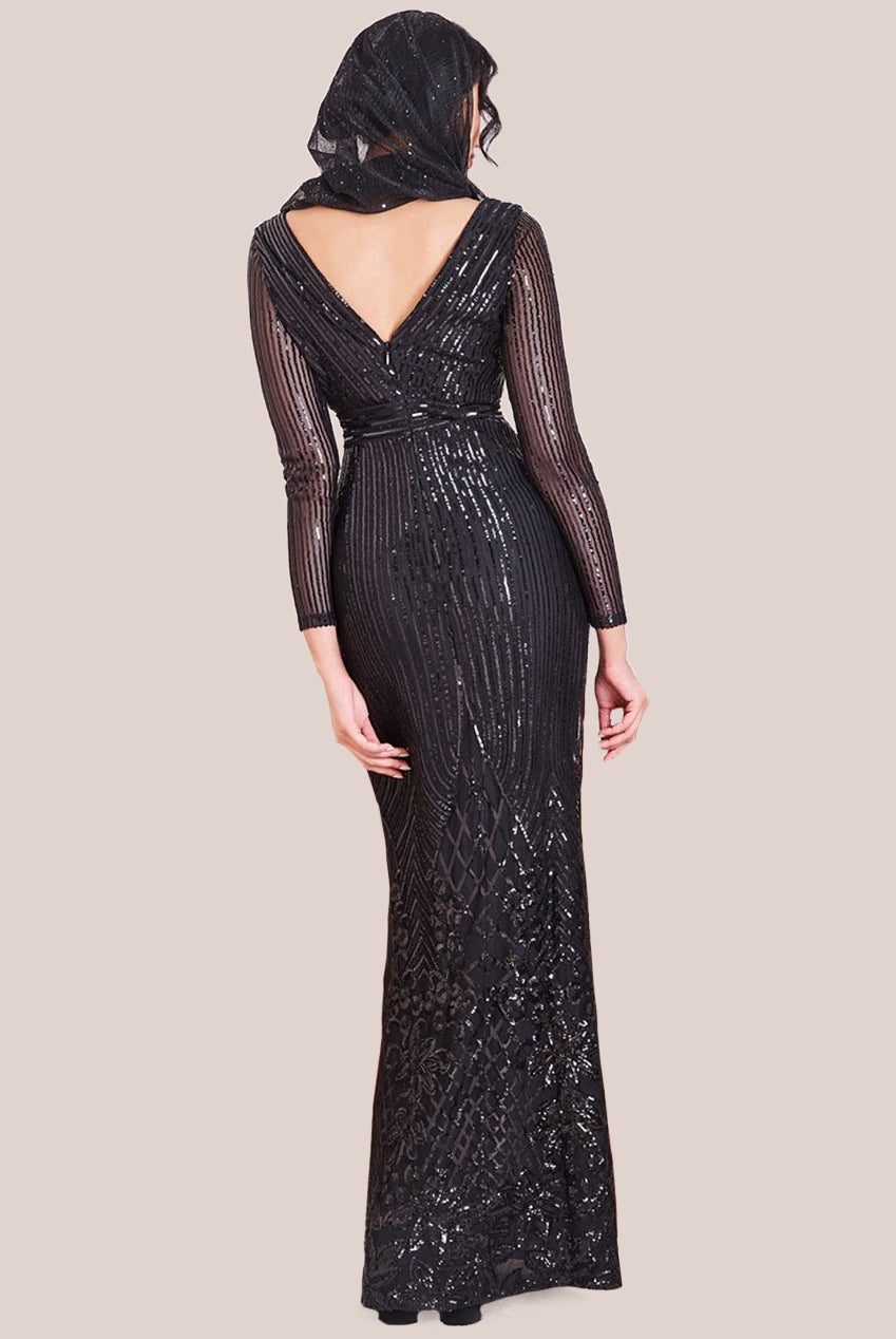 Goddiva Modesty Sequin Wrap Maxi Dress - Black