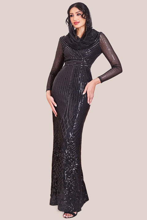 Goddiva Modesty Sequin Wrap Maxi Dress - Black