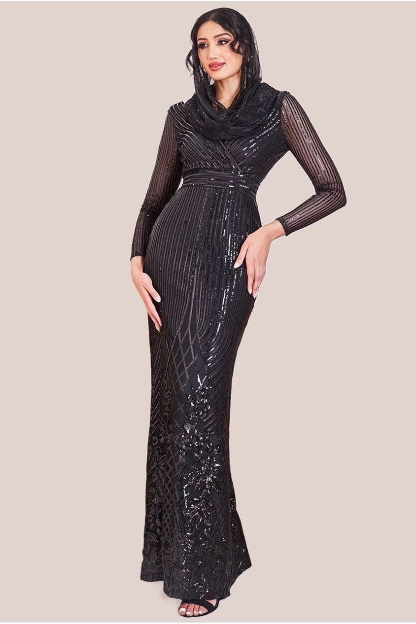 Goddiva Modesty Sequin Wrap Maxi Dress - Black
