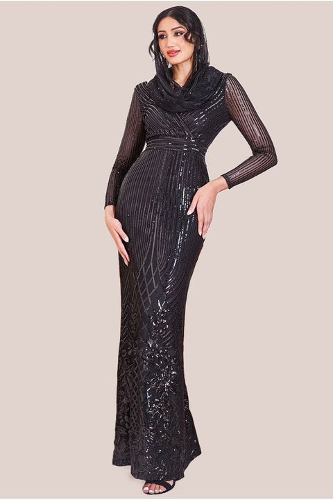 Goddiva Modesty Sequin Wrap Maxi Dress - Black