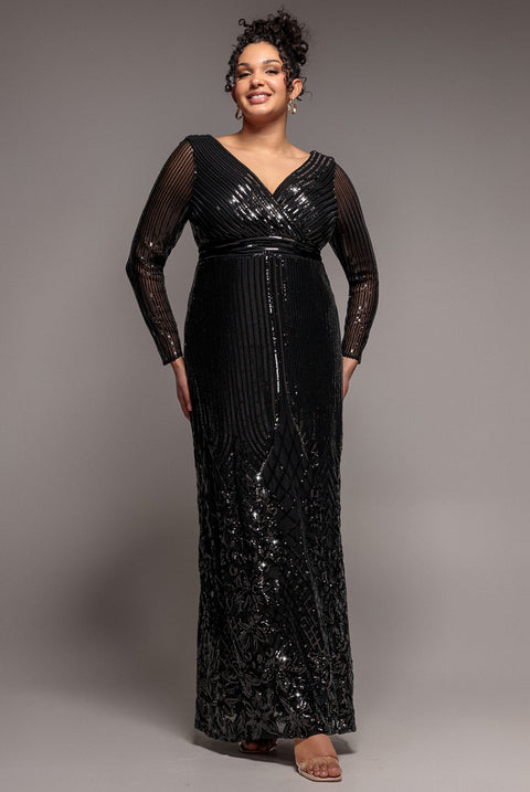 Goddiva Plus Long Sleeve Sequin V Wrap Maxi Dress - Black