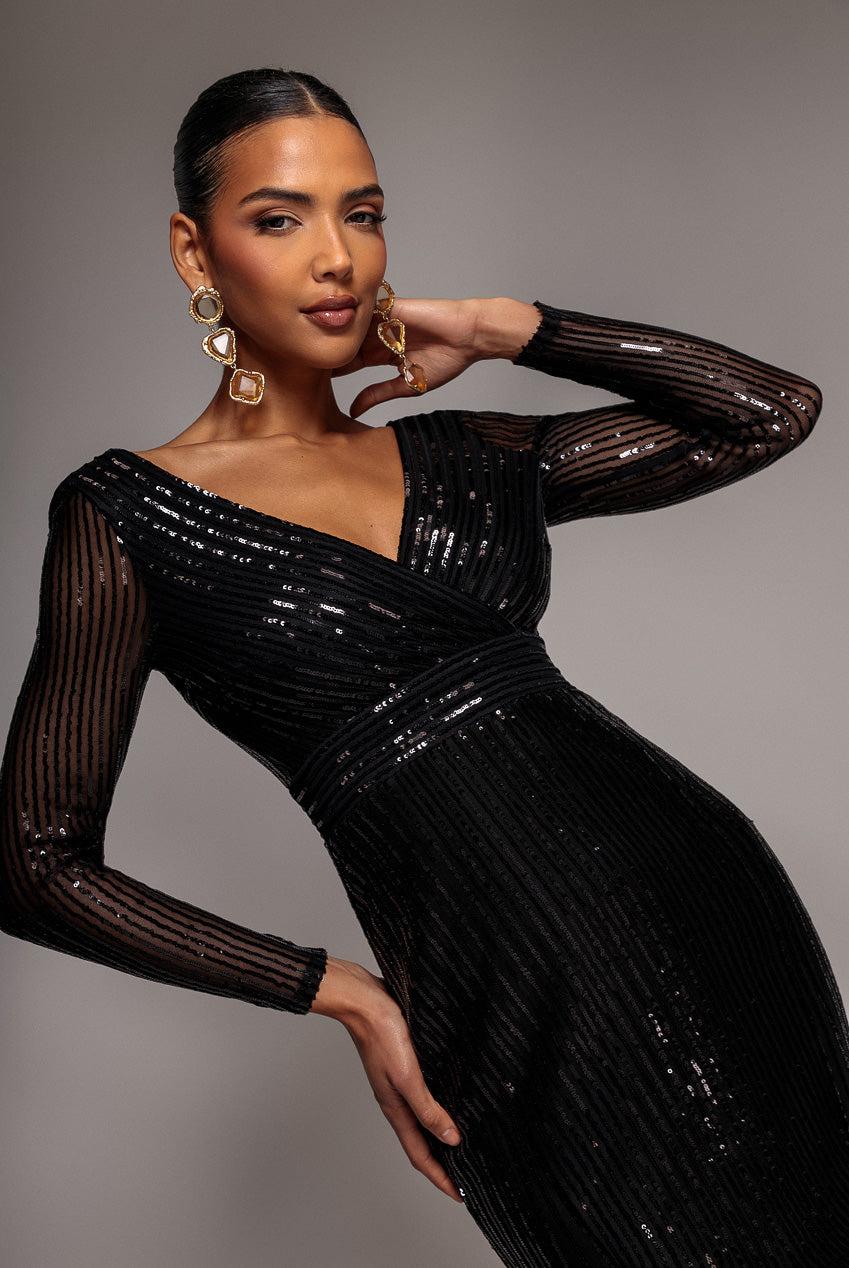 Goddiva Long Sleeve Sequin V Wrap Maxi Dress - Black