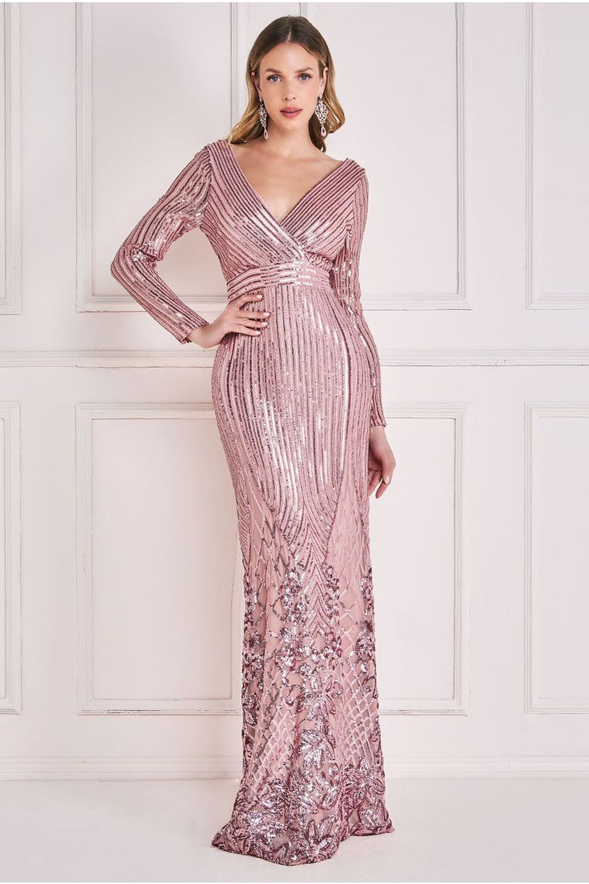 Goddiva Long Sleeve Sequin V Wrap Maxi Dress - Blush