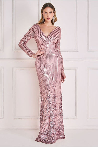 Blush - Goddiva Long Sleeve Sequin V Wrap Maxi Dress - Blush