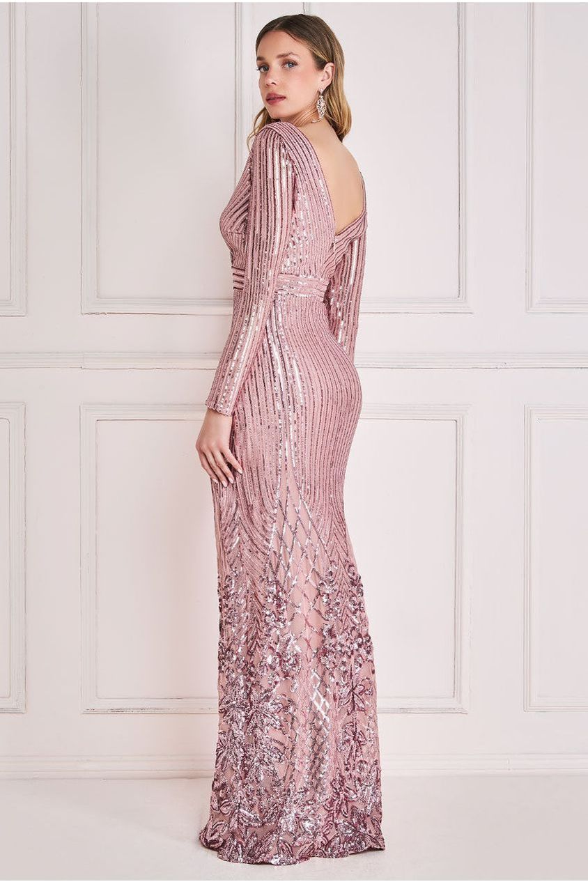 Goddiva Long Sleeve Sequin V Wrap Maxi Dress - Blush