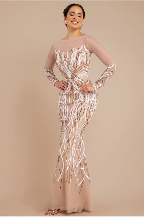 Goddiva Long Sleeve Sequin Flame Maxi - Champagne