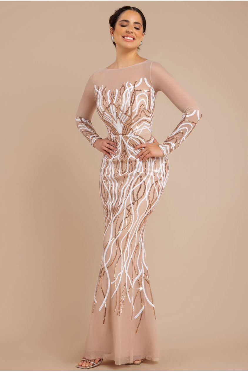 Goddiva Long Sleeve Sequin Flame Maxi - Champagne