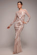 Goddiva Long Sleeve Sequin Flame Maxi - Champagne