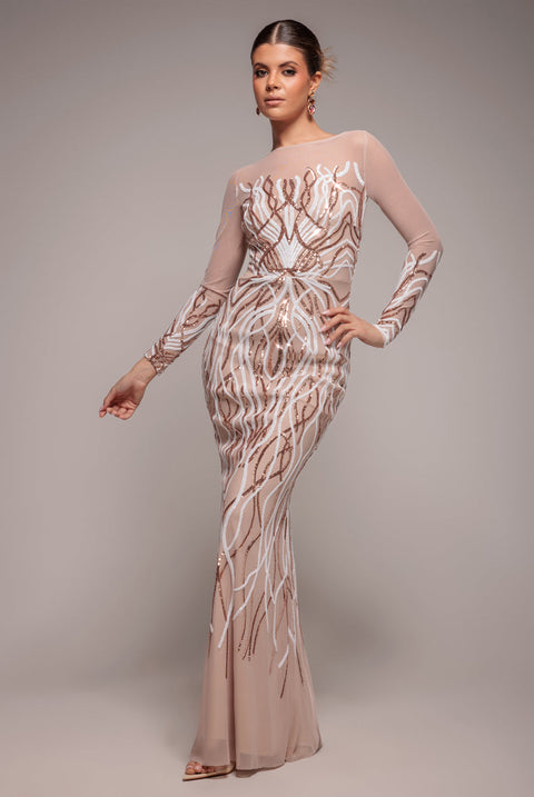Goddiva Long Sleeve Sequin Flame Maxi - Champagne