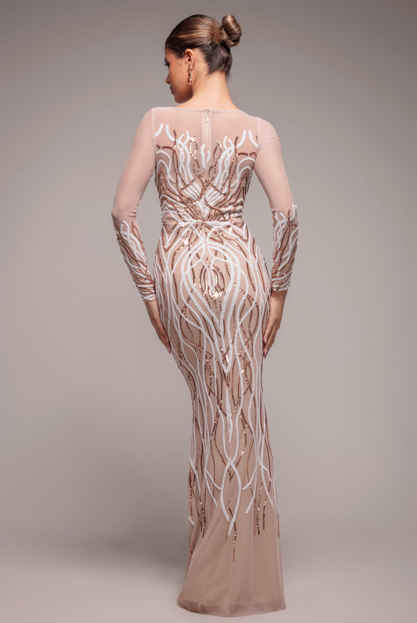 Goddiva Long Sleeve Sequin Flame Maxi - Champagne