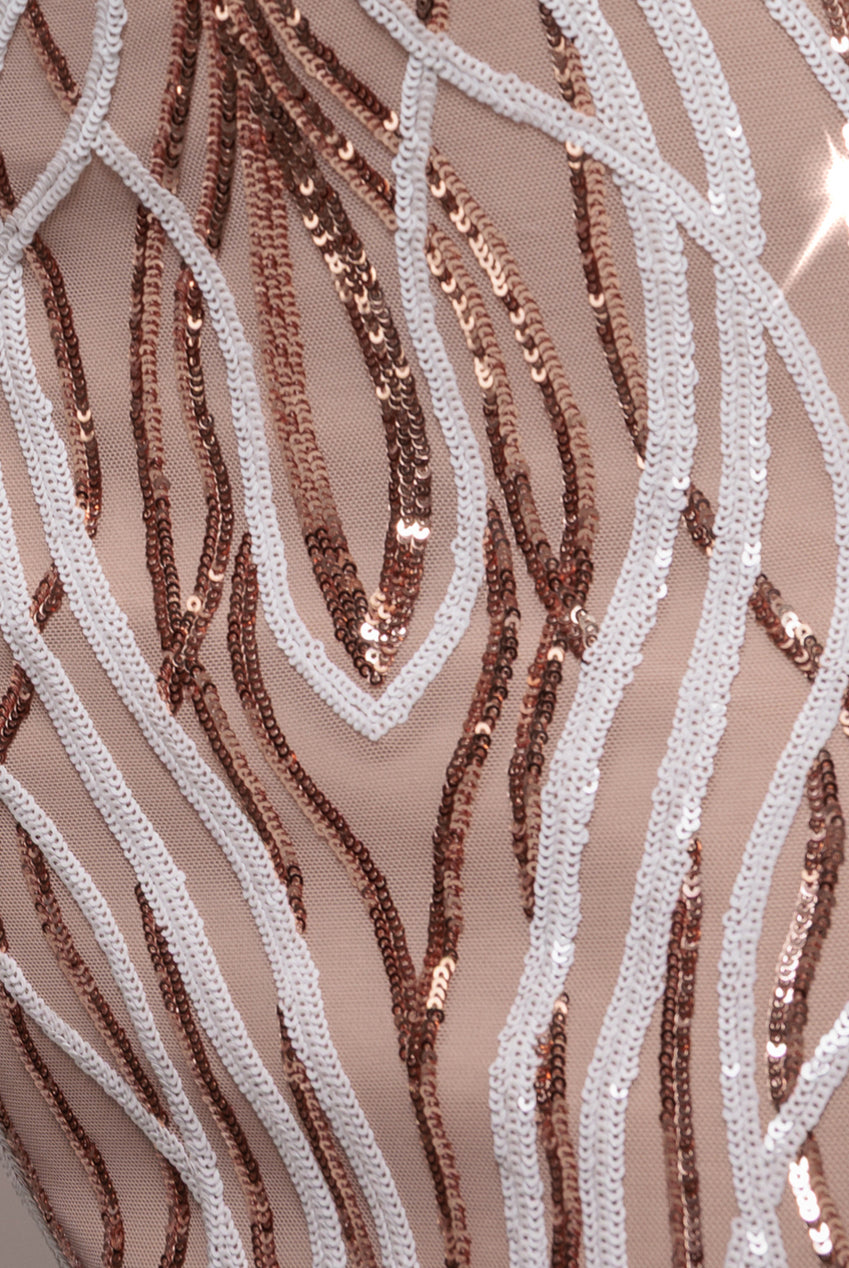 Goddiva Long Sleeve Sequin Flame Maxi - Champagne