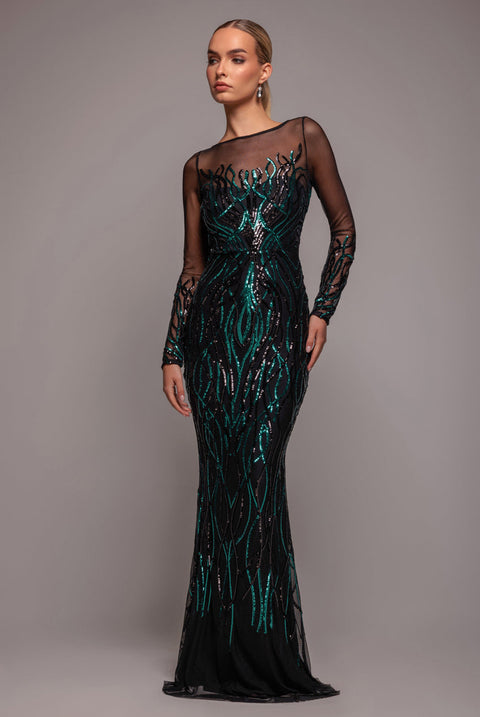 Goddiva Long Sleeve Sequin Flame Maxi - Emerald Green
