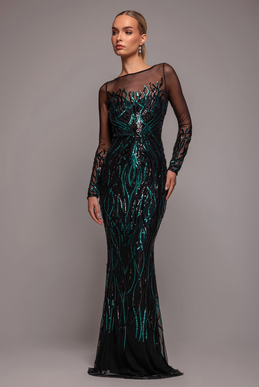 Goddiva Long Sleeve Sequin Flame Maxi - Emerald Green