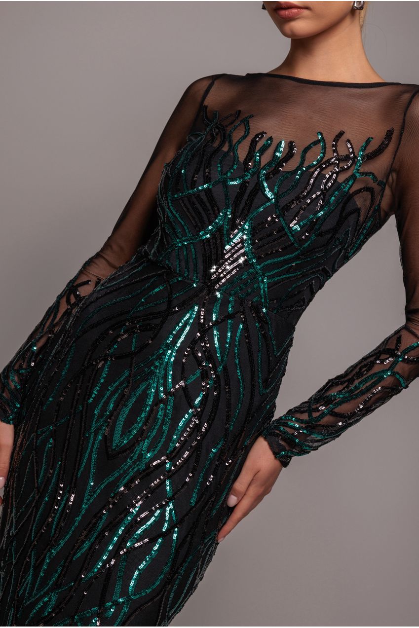Goddiva Long Sleeve Sequin Flame Maxi - Emerald Green