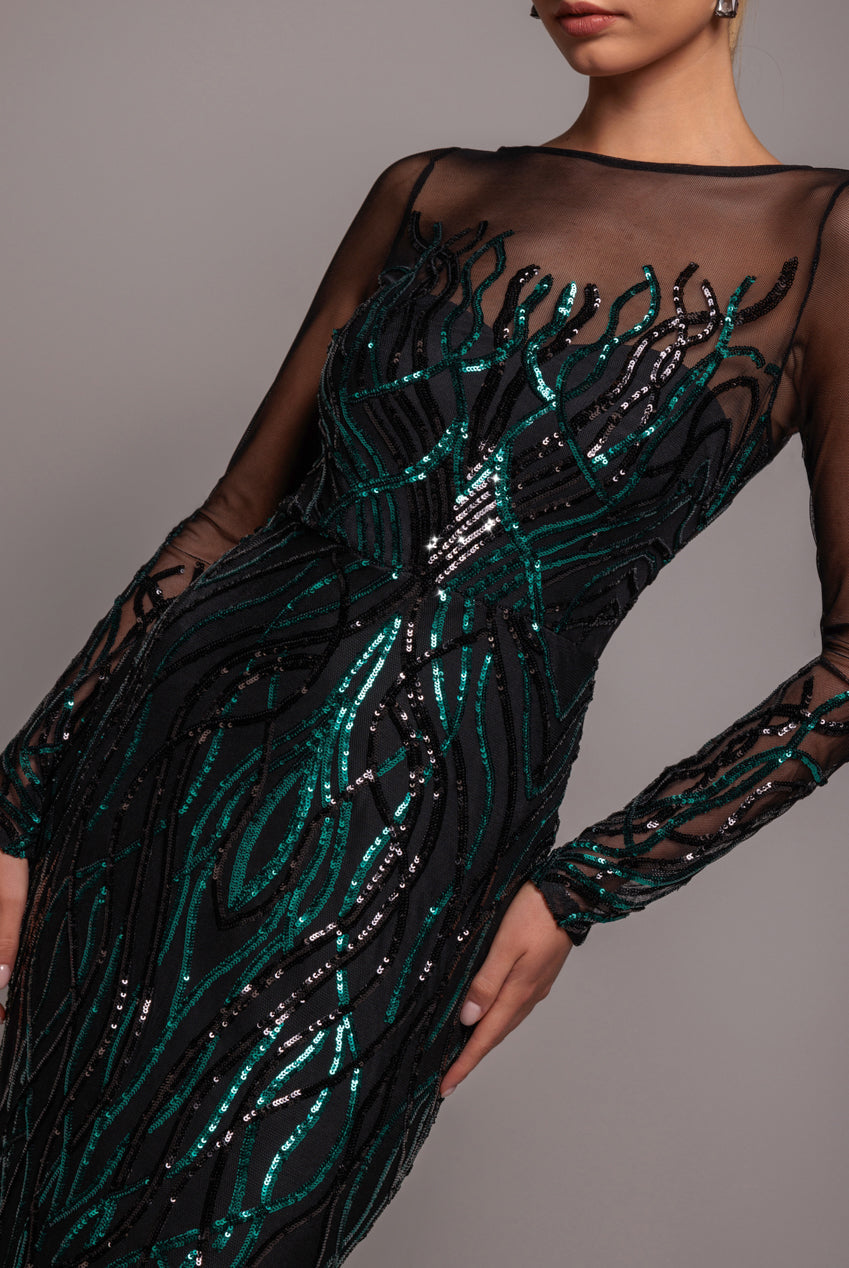 Goddiva Long Sleeve Sequin Flame Maxi - Emerald Green
