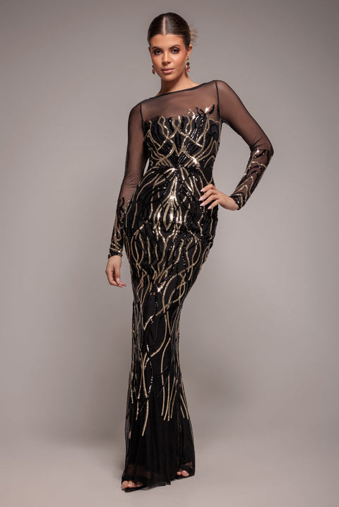 Goddiva Long Sleeve Sequin Flame Maxi - Gold