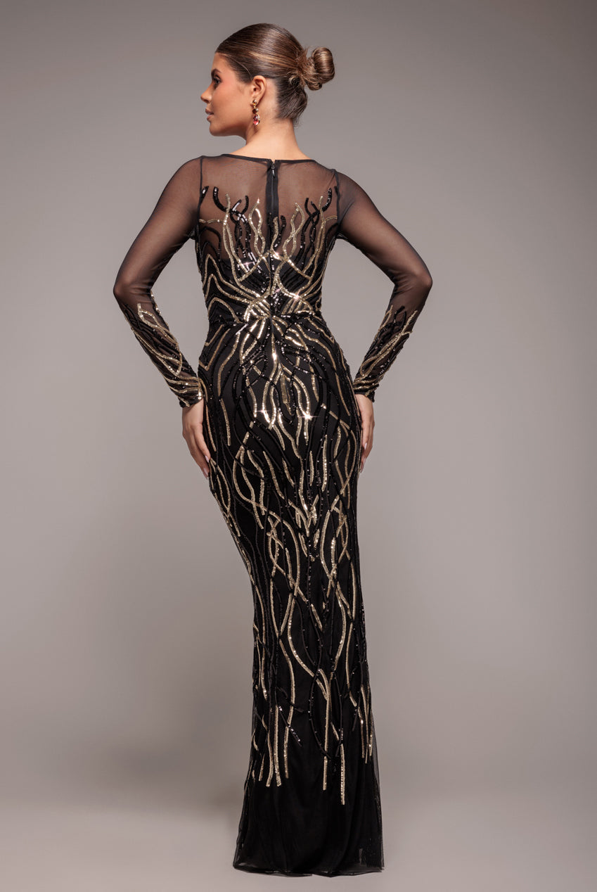 Goddiva Long Sleeve Sequin Flame Maxi - Gold