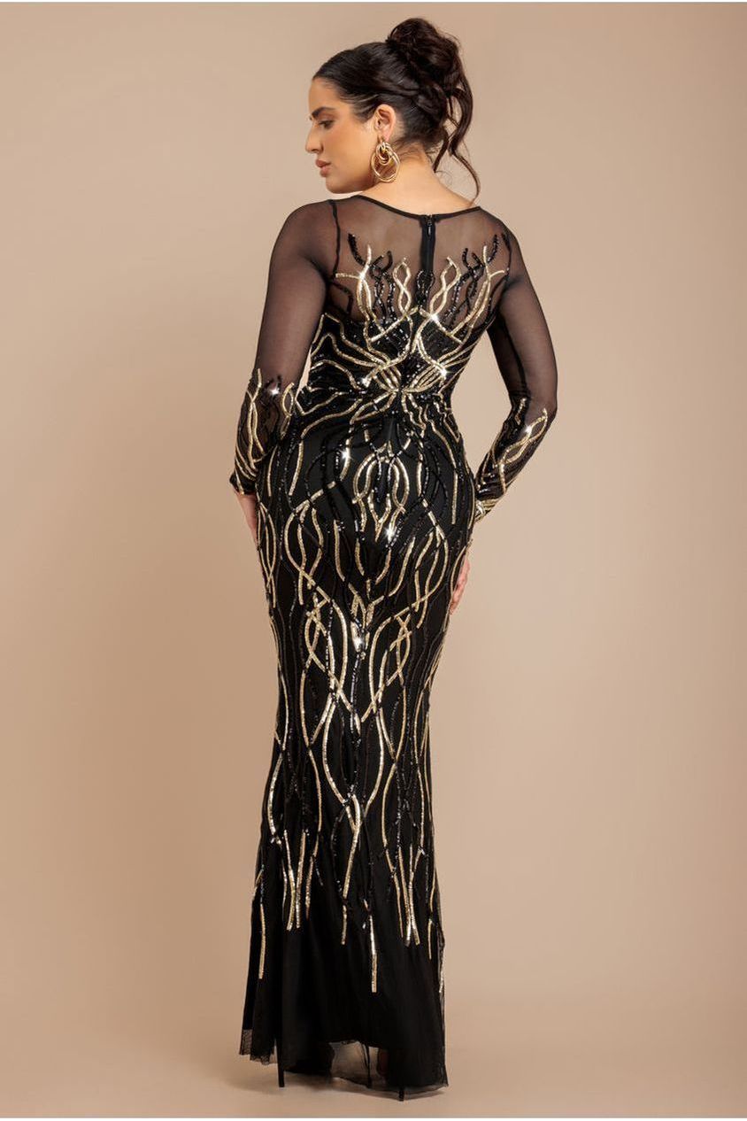 Goddiva Long Sleeve Sequin Flame Maxi - Gold
