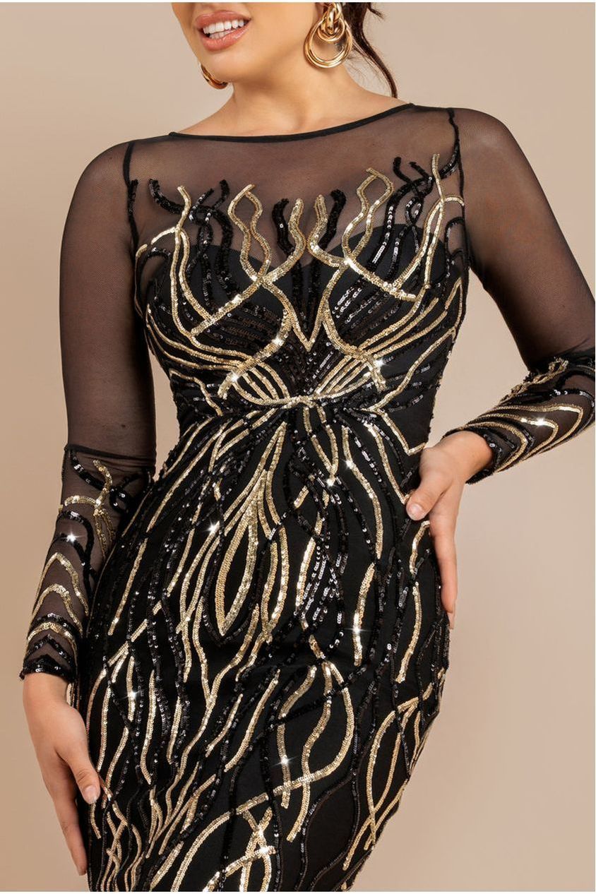 Goddiva Long Sleeve Sequin Flame Maxi - Gold
