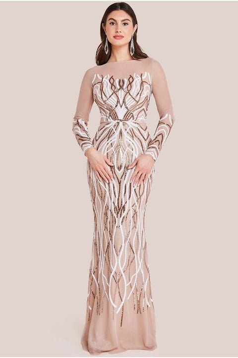 Goddiva Long Sleeve Sequin Flame Maxi - Champagne