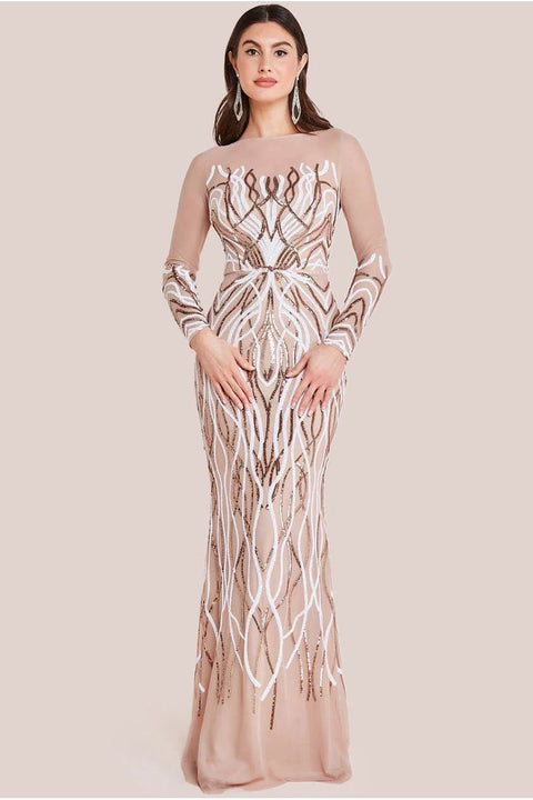 Goddiva Long Sleeve Sequin Flame Maxi - Champagne