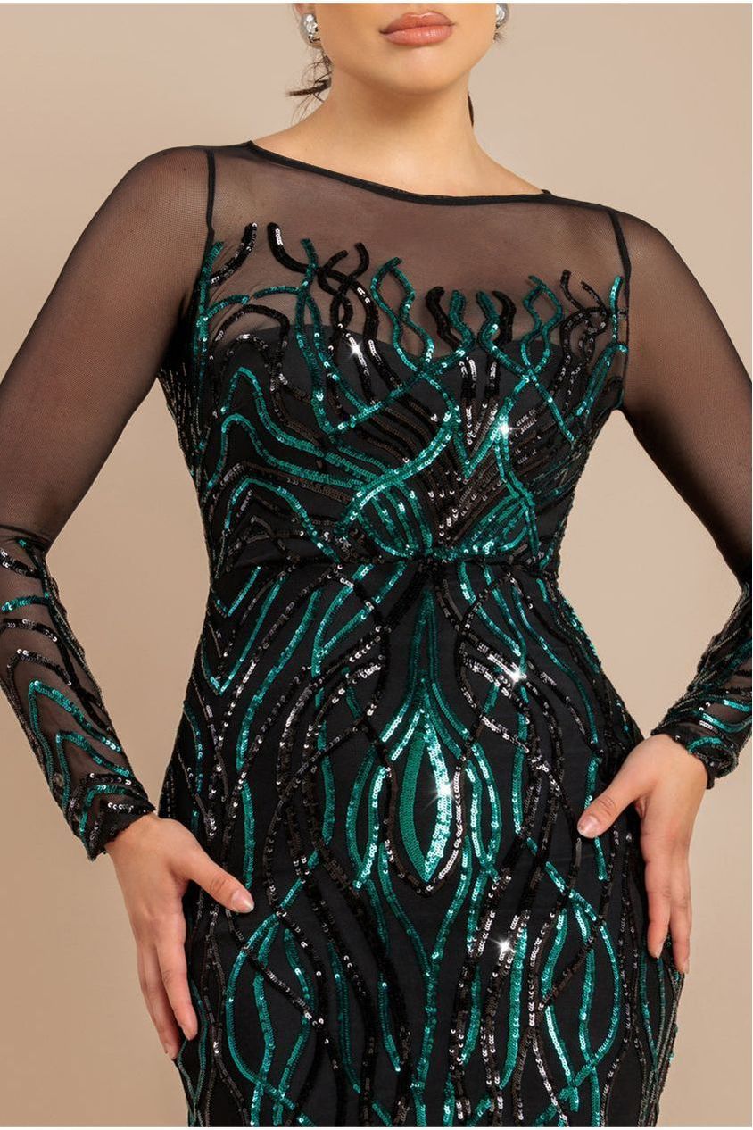Goddiva Long Sleeve Sequin Flame Maxi - Emerald Green