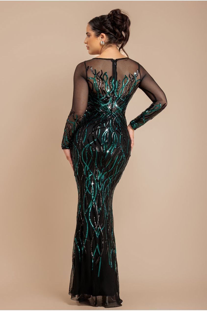 Goddiva Long Sleeve Sequin Flame Maxi - Emerald Green