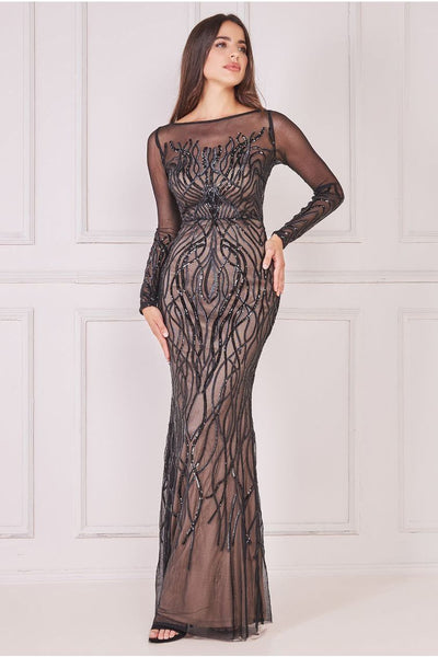 SolidBlack - Goddiva Long Sleeve Sequin Flame Maxi - Solid Black