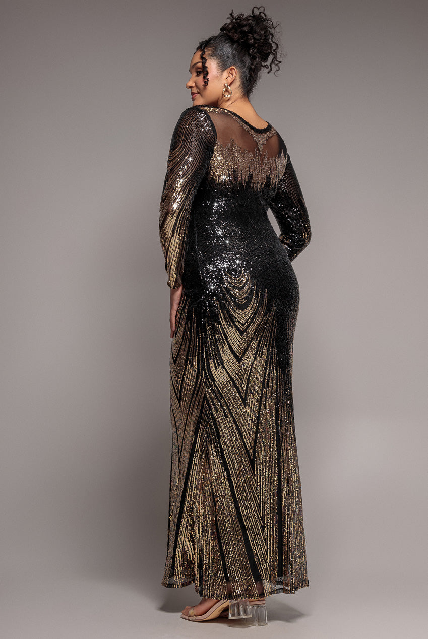 Goddiva Plus Long Sleeve Aztec Sequin Maxi Dress - Gold