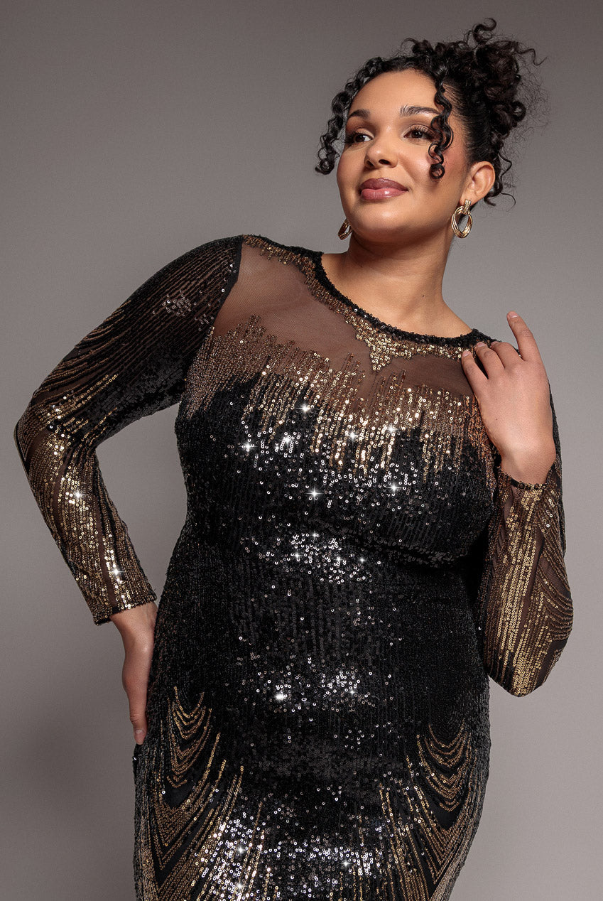 Goddiva Plus Long Sleeve Aztec Sequin Maxi Dress - Gold