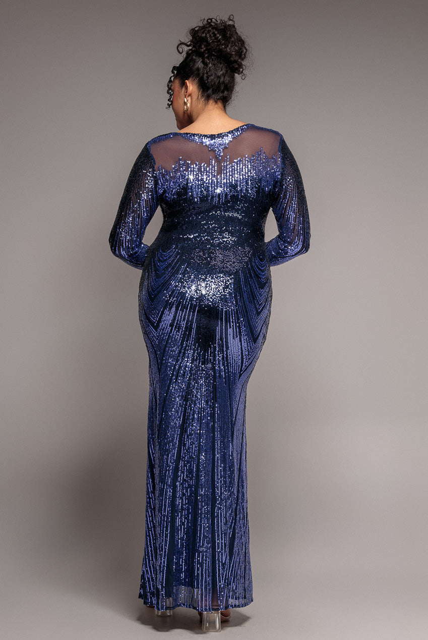 Goddiva Plus Long Sleeve Aztec Sequin Maxi Dress - Navy